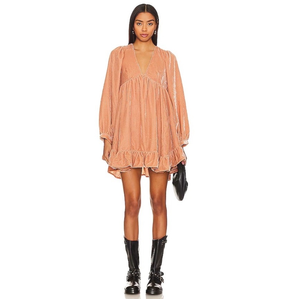 Free People | Estella Velvet Mini Dress  Boho Babydoll Ruffle Size S